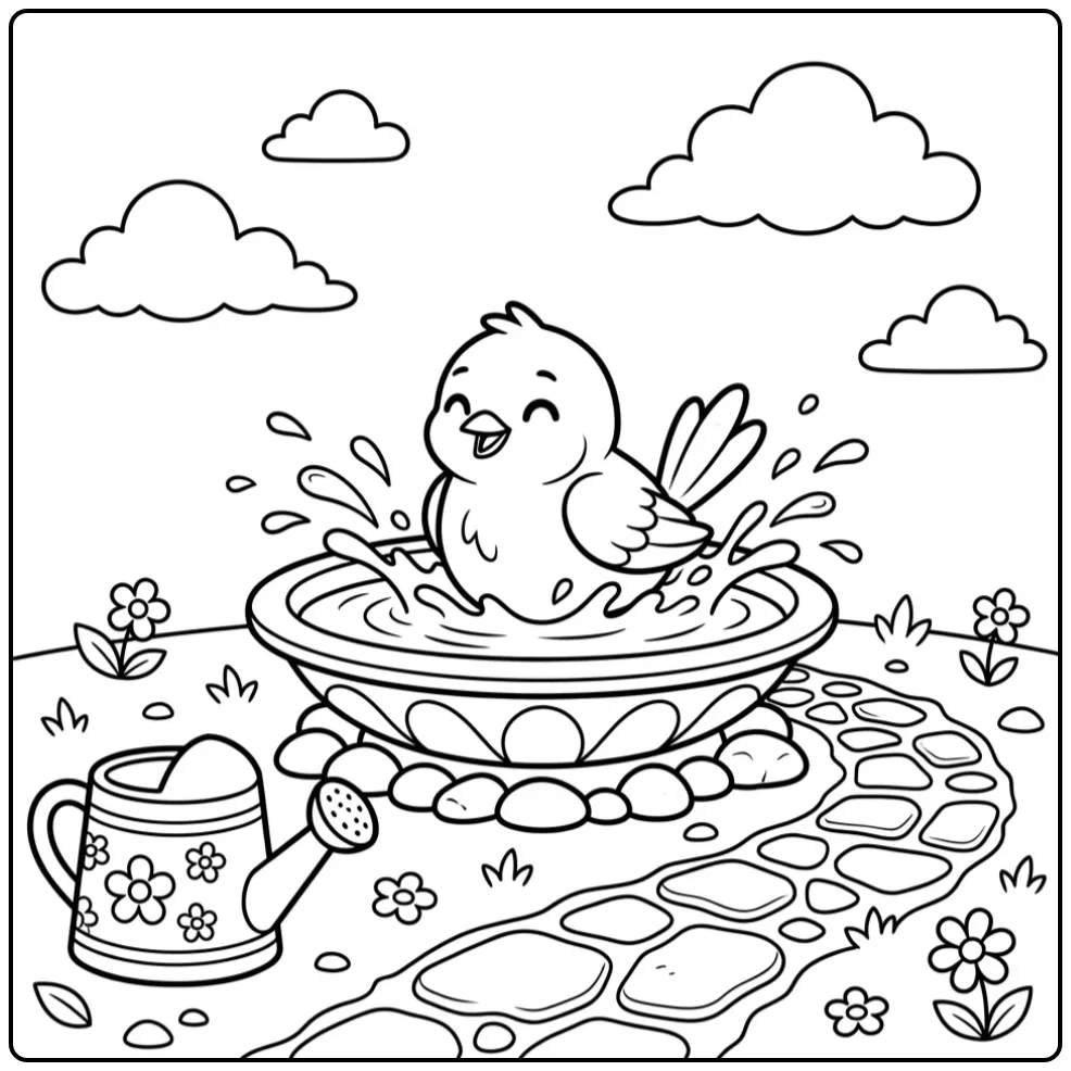 Fun Little Birds with a Splashing Songbird coloring page