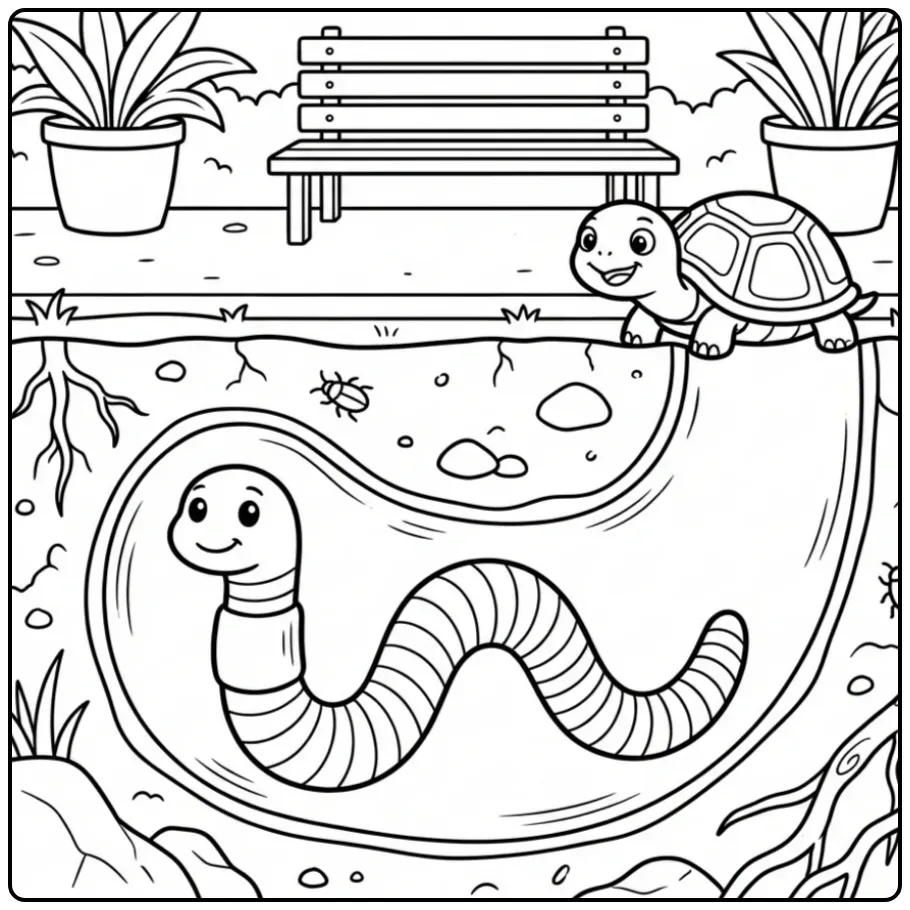 Cute worm coloring page underground with a turtle