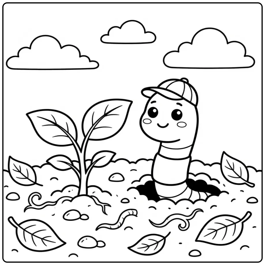 Cute worm coloring page crawling out of garden soil