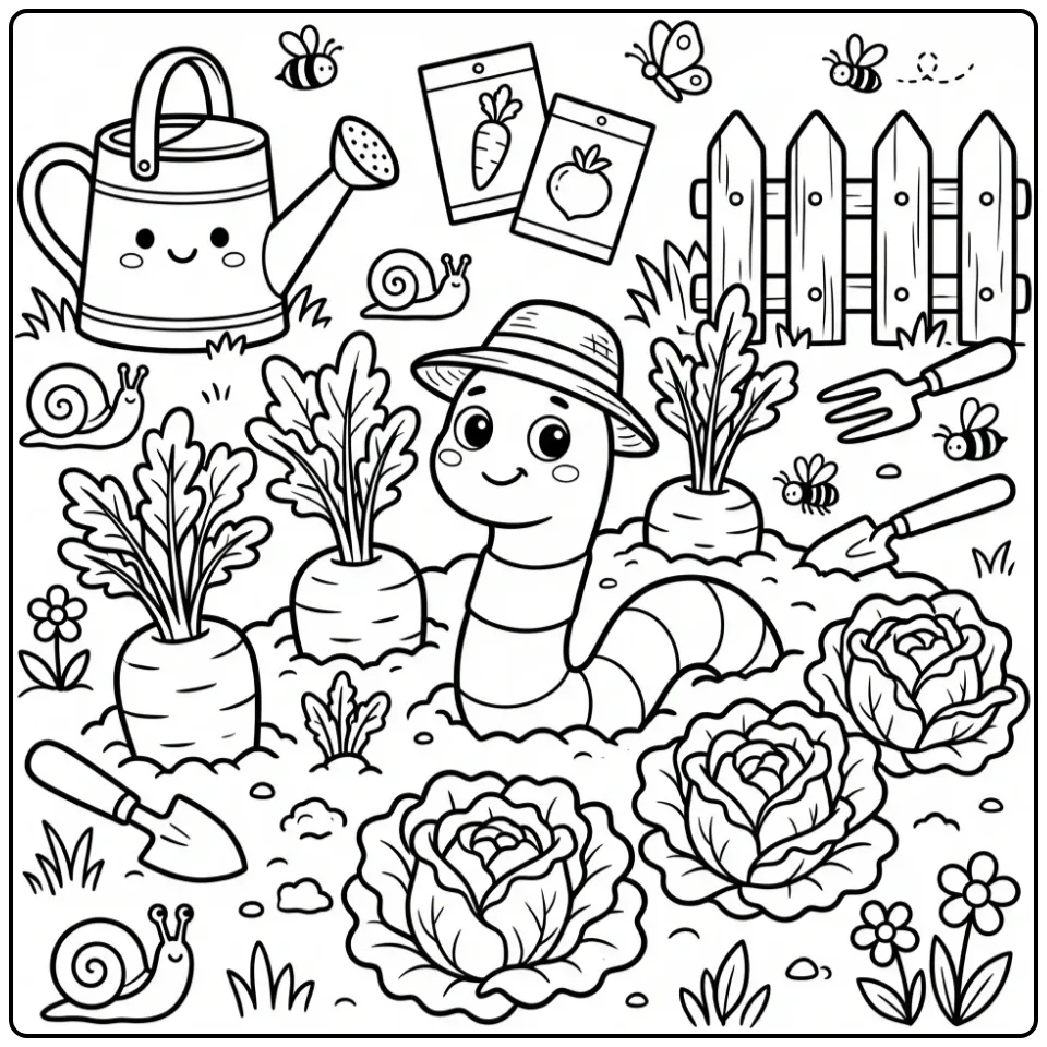 Cute worm coloring page between carrots