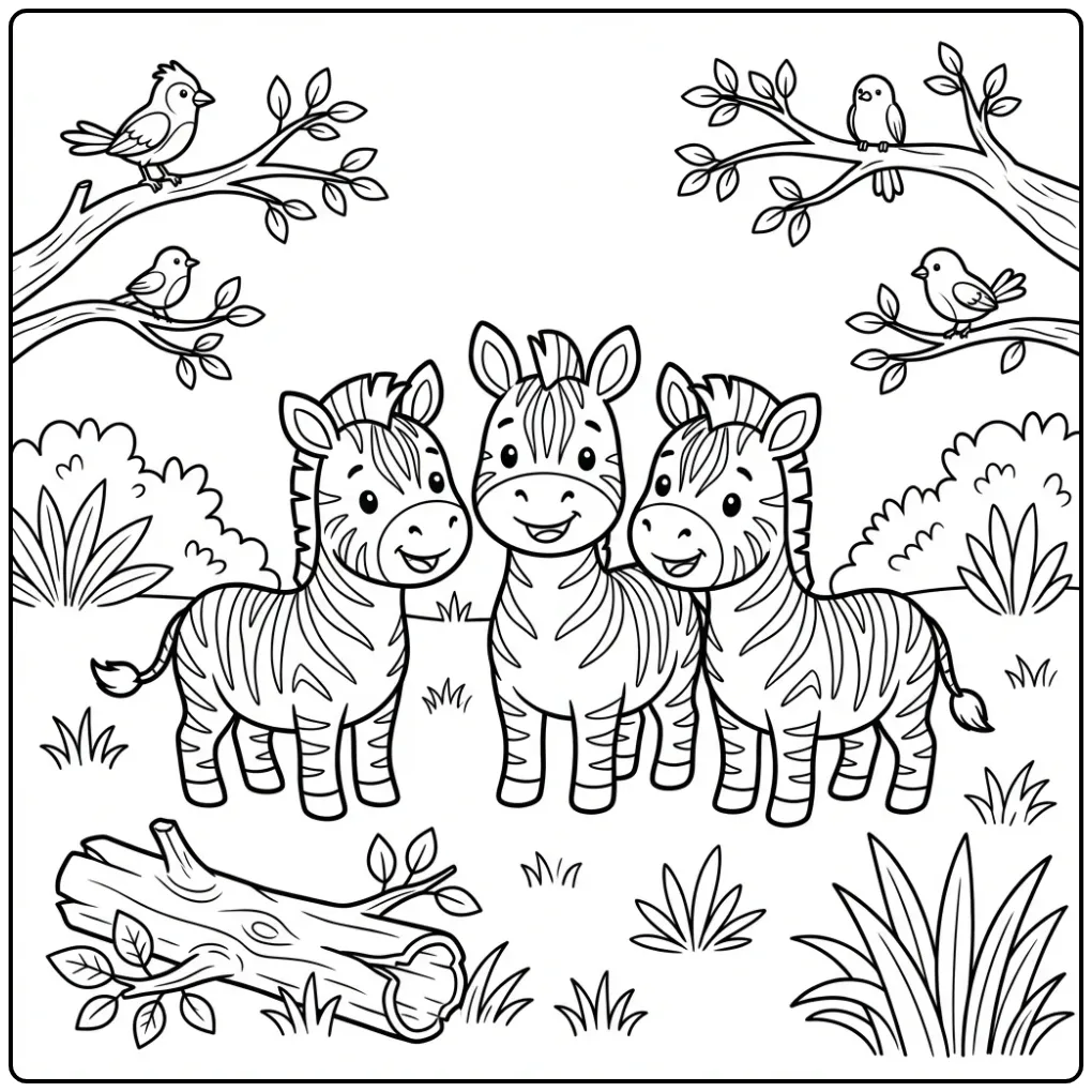 Fun Zebra with Three Friends on the Savanna coloring page