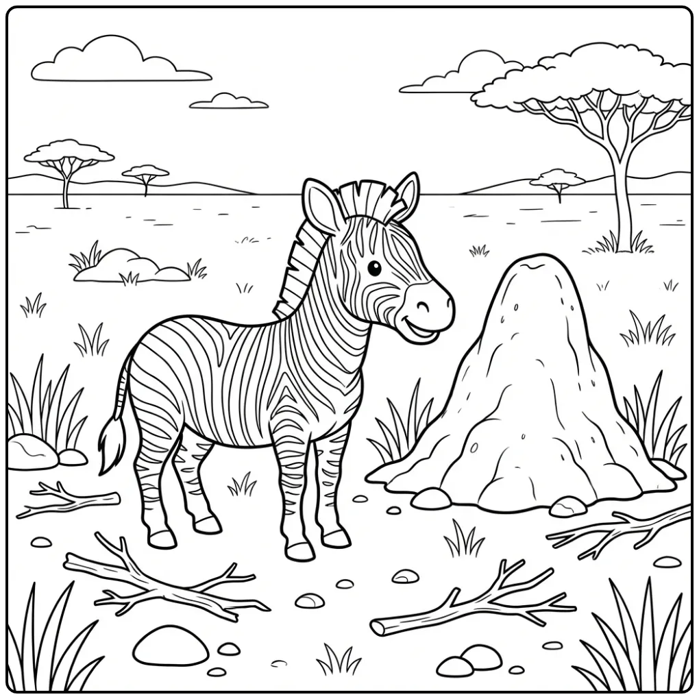 Fun Zebra on the Savanna with Termite Mound coloring page
