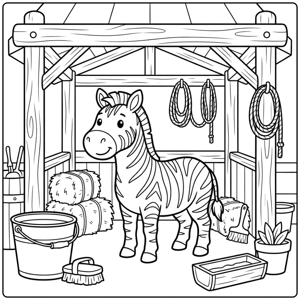 Fun Zebra Standing in a Wooden Stable with Hay coloring page