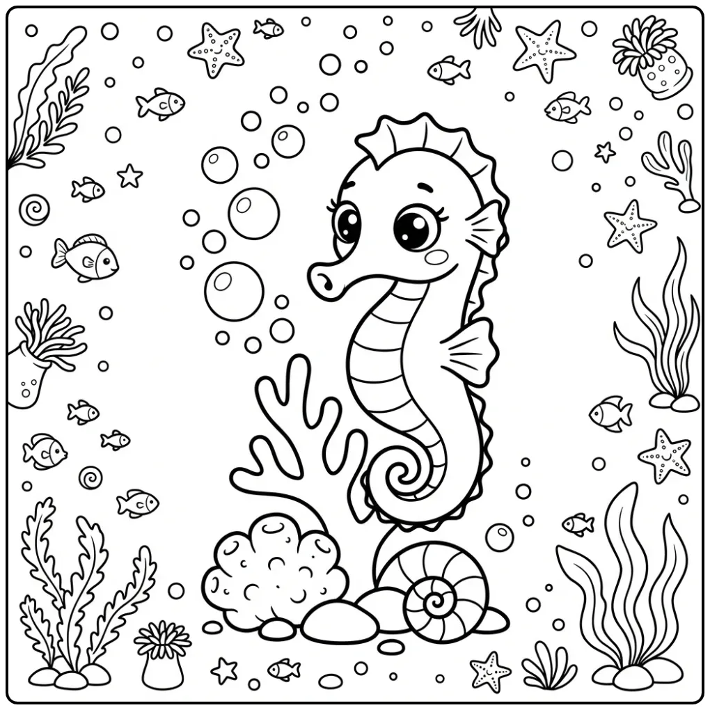 Fun Seahorse Underwater with a Sea Sponge and Shell coloring page