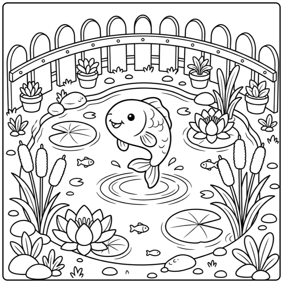Fun Koi Carp in Pond with Water Plants coloring page