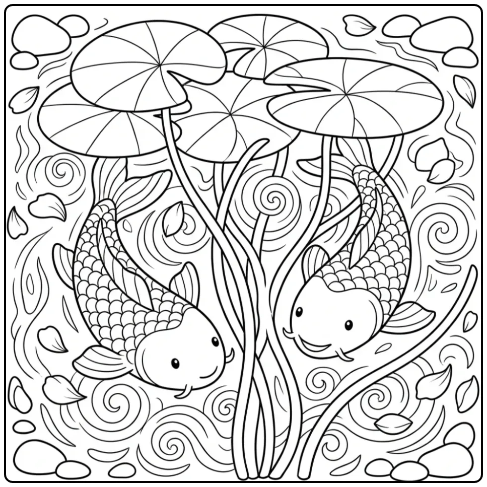 Fun Koi Carp with Lotus Flowers coloring page