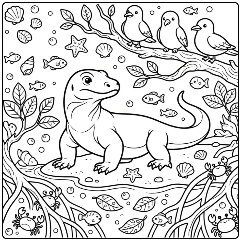 Komodo Dragon coloring page in a mangrove forest