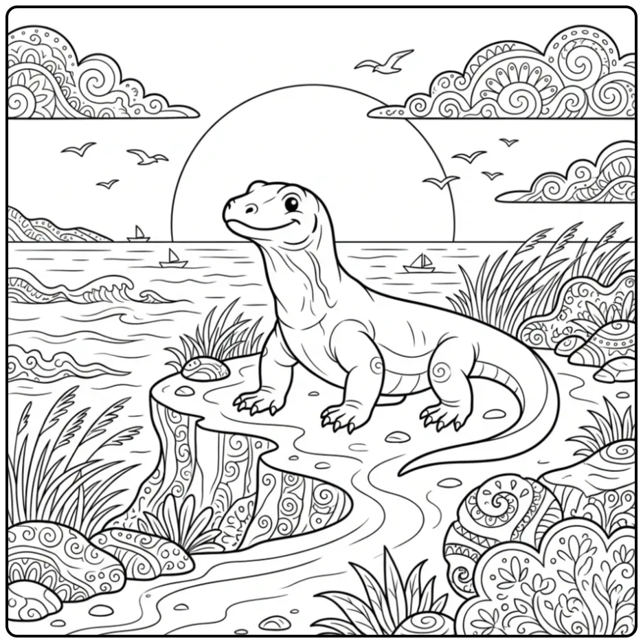 Komodo Dragon coloring page on a cliff at sunset