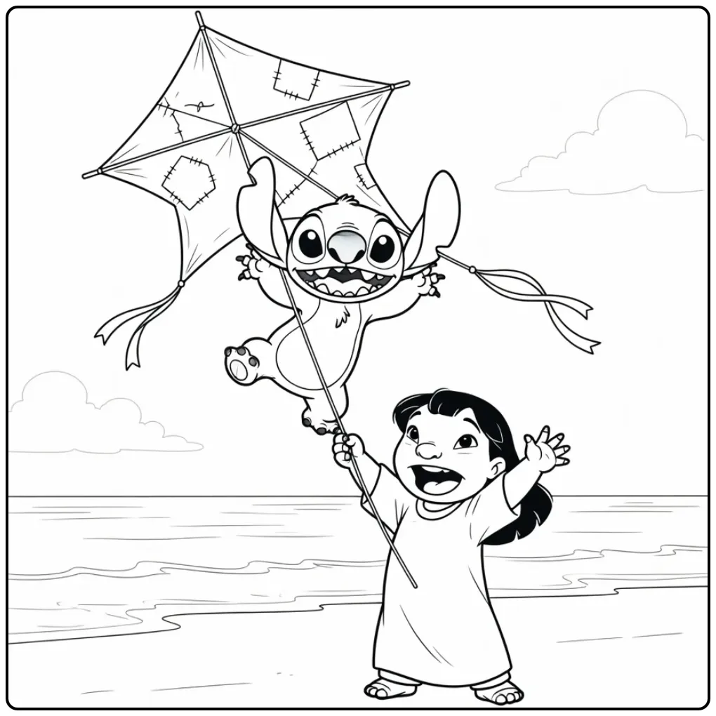 Fun Lilo and Stitch Flying a Kite at Sea coloring page