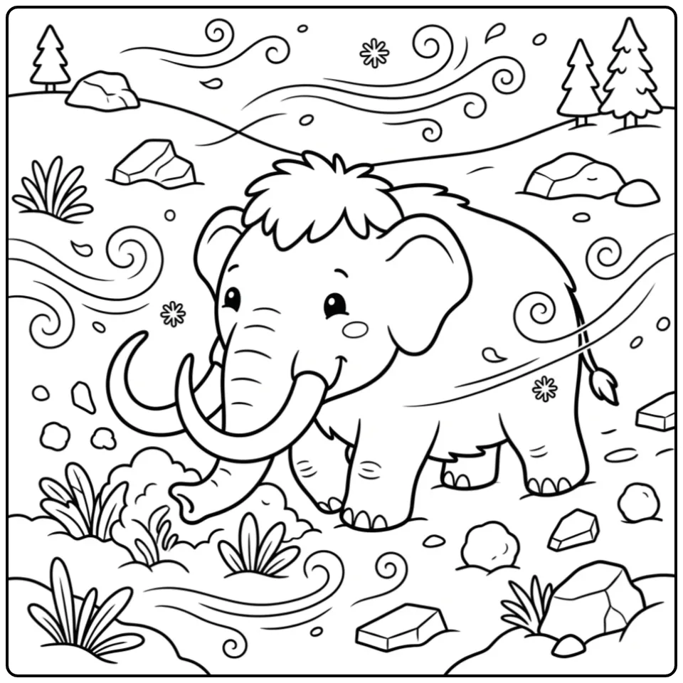 Fun Mammoth in a Windy Snowy Landscape coloring page