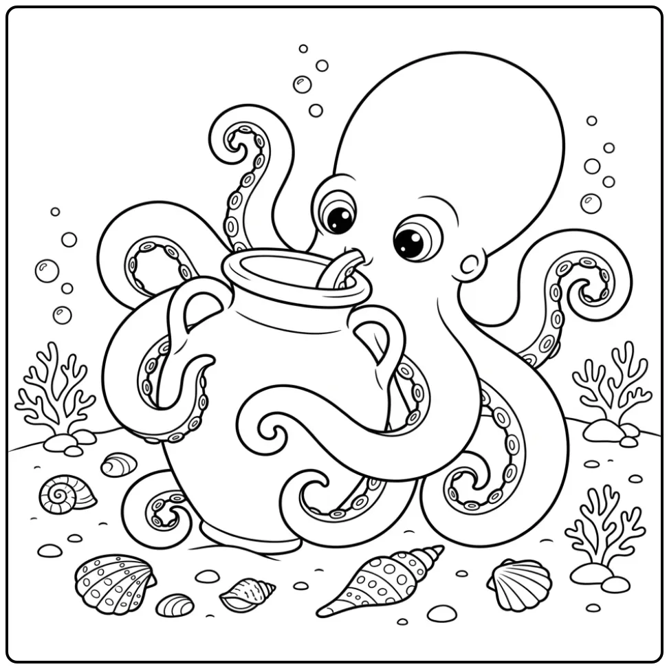 Octopus coloring page looking into an amphora pot