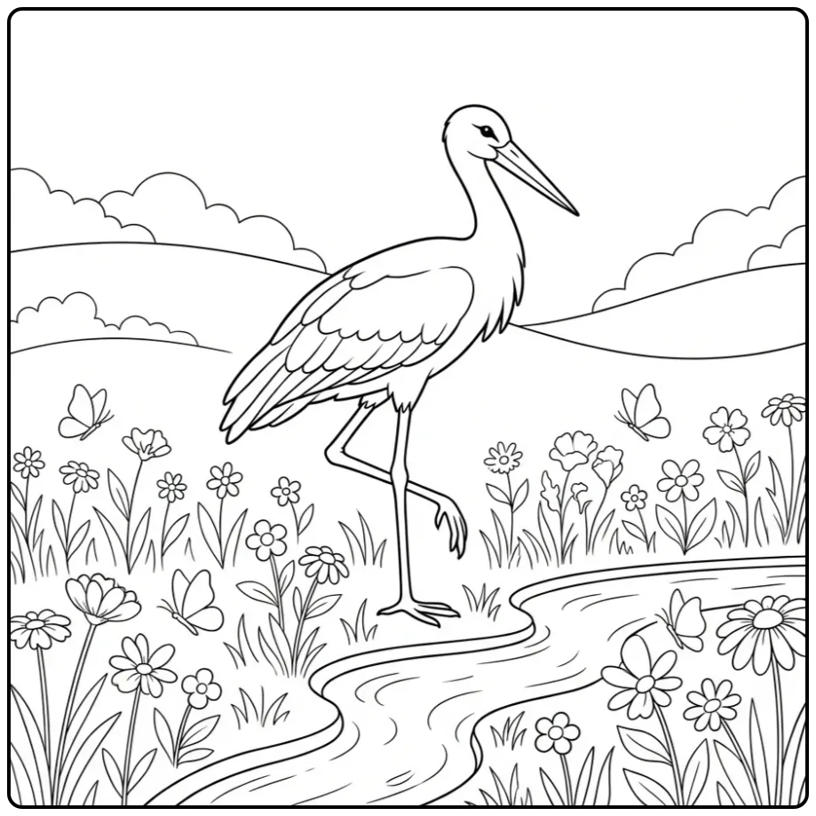 Fun Stork by a Small Stream with Flowers coloring page