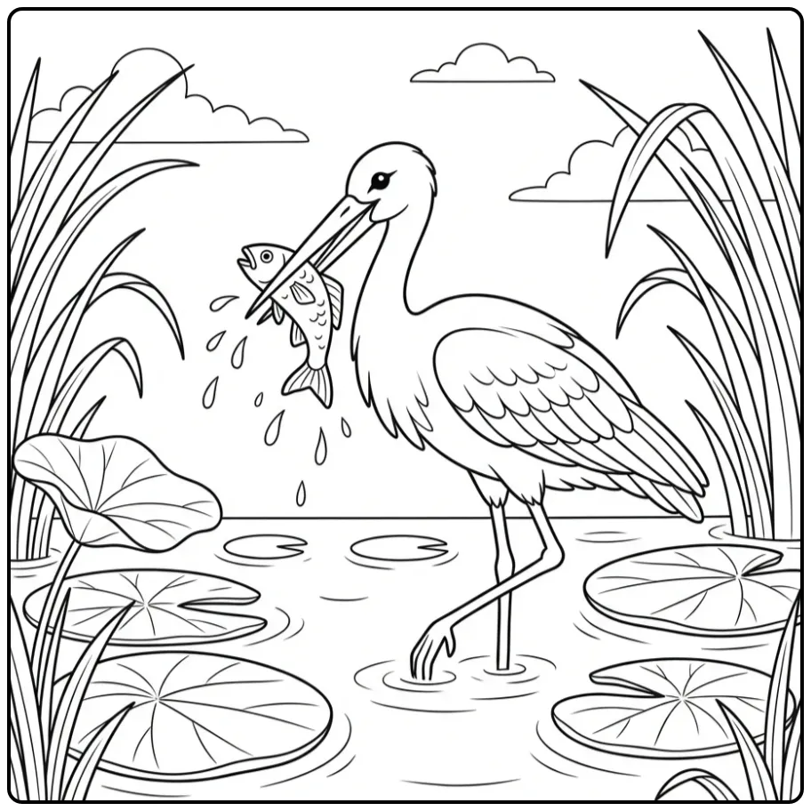 Fun Stork in the Reeds with a Small Fish coloring page