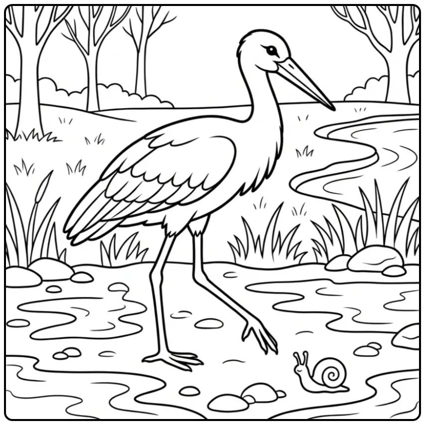 Fun Stork Puddles and a Snail coloring page