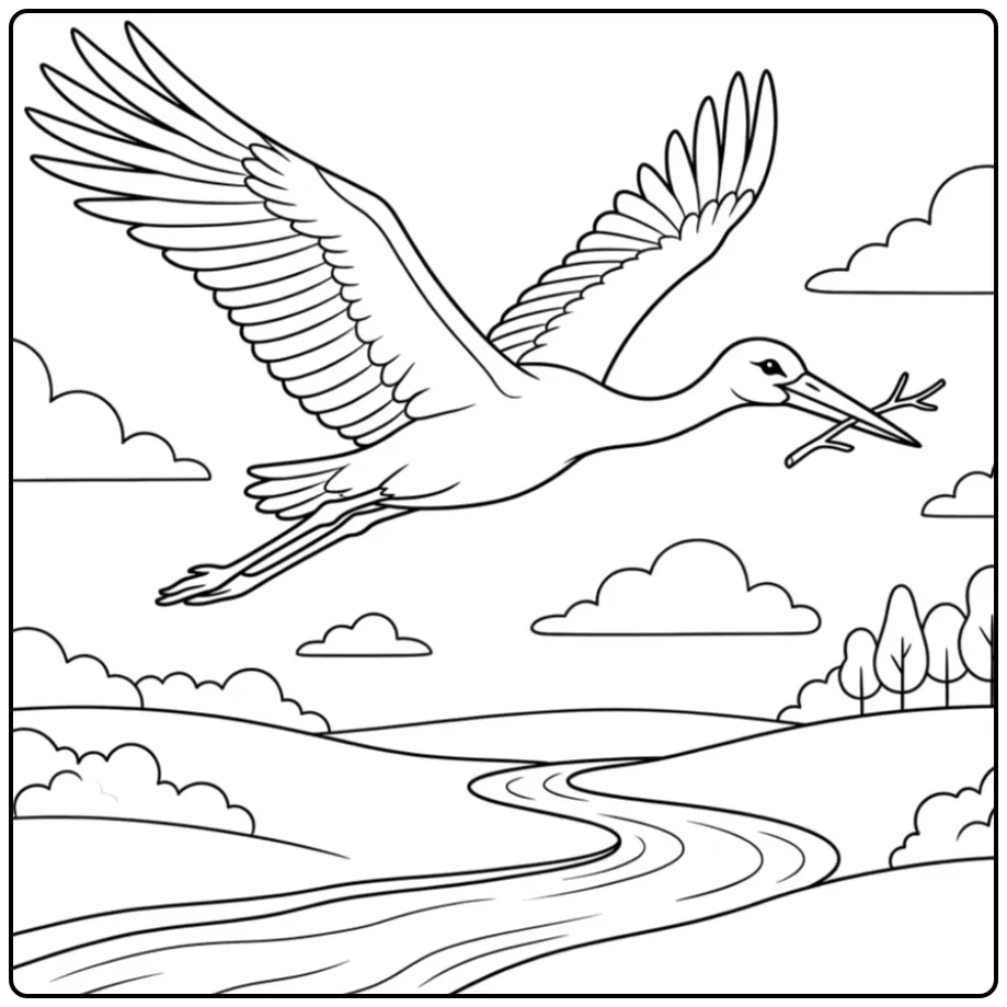 Fun Stork Flying with Twig in the Sky coloring page