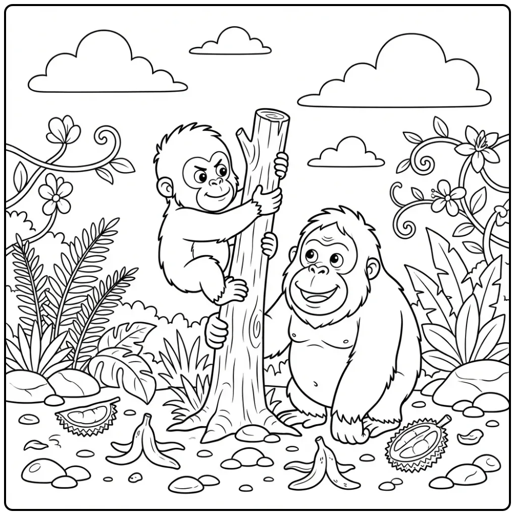 Cute orangutan coloring page of a baby learning to climb