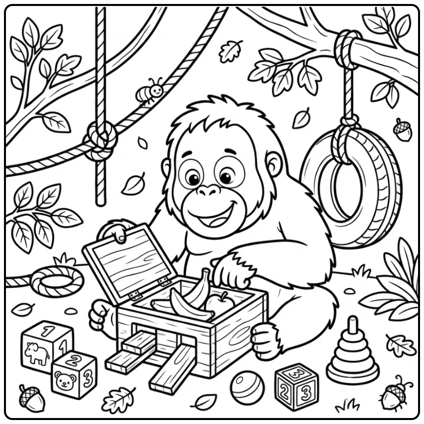 Fun Orangutan with a Puzzle and Toys coloring page