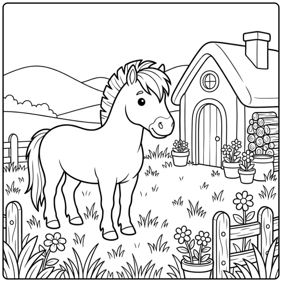 Fjord horse coloring page near a cottage and flowers