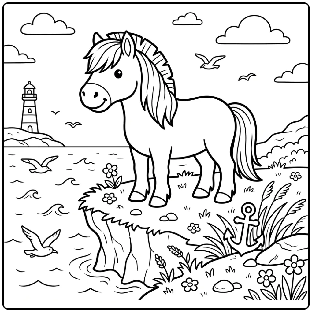 Fun Fjord Horse with Lighthouse and Sea View coloring page