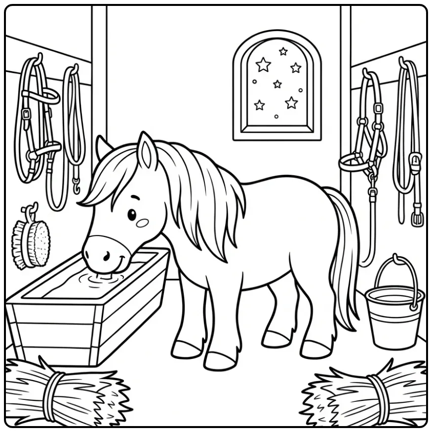 Fun Friesian Horse with a Feeding Trough in the Evening coloring page