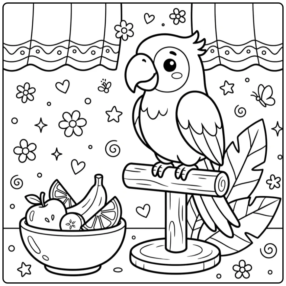 Fun Easy Parrot with Fruit Bowl coloring page