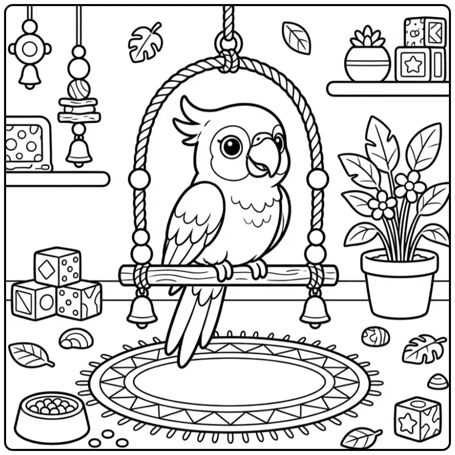 Fun Easy Parrot with Toys coloring page