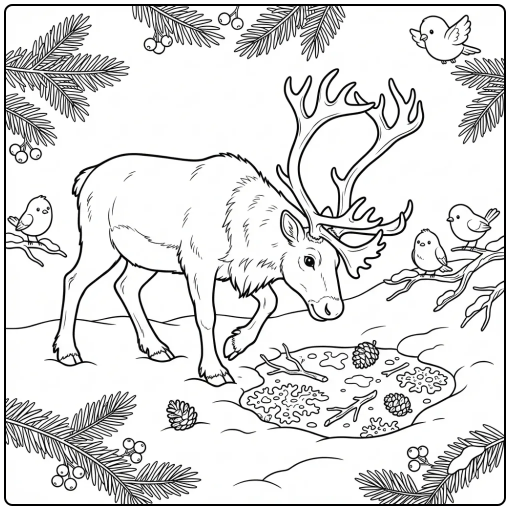Reindeer coloring page featuring a reindeer searching in the snow