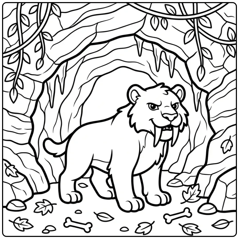 Fun Saber-toothed Tiger Cave and Icicles coloring page