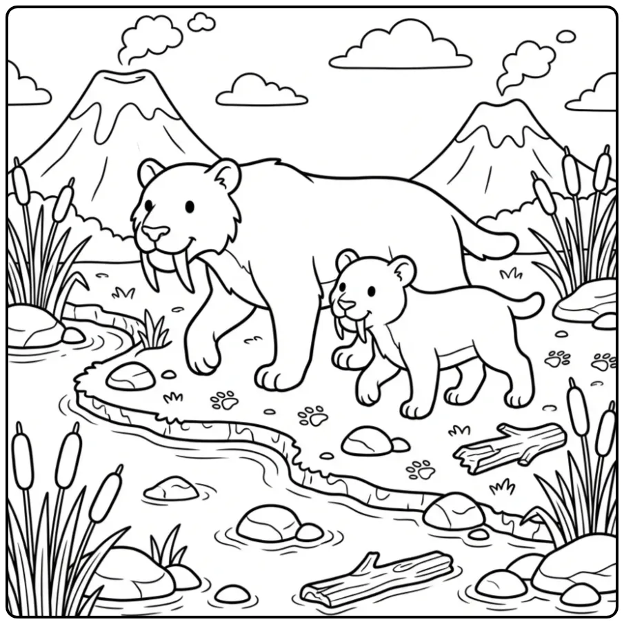 Fun Saber-toothed Tiger with Volcanoes in the Background coloring page