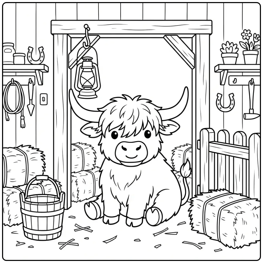 Fun Scottish Highland Cow with Hay and a Bucket coloring page