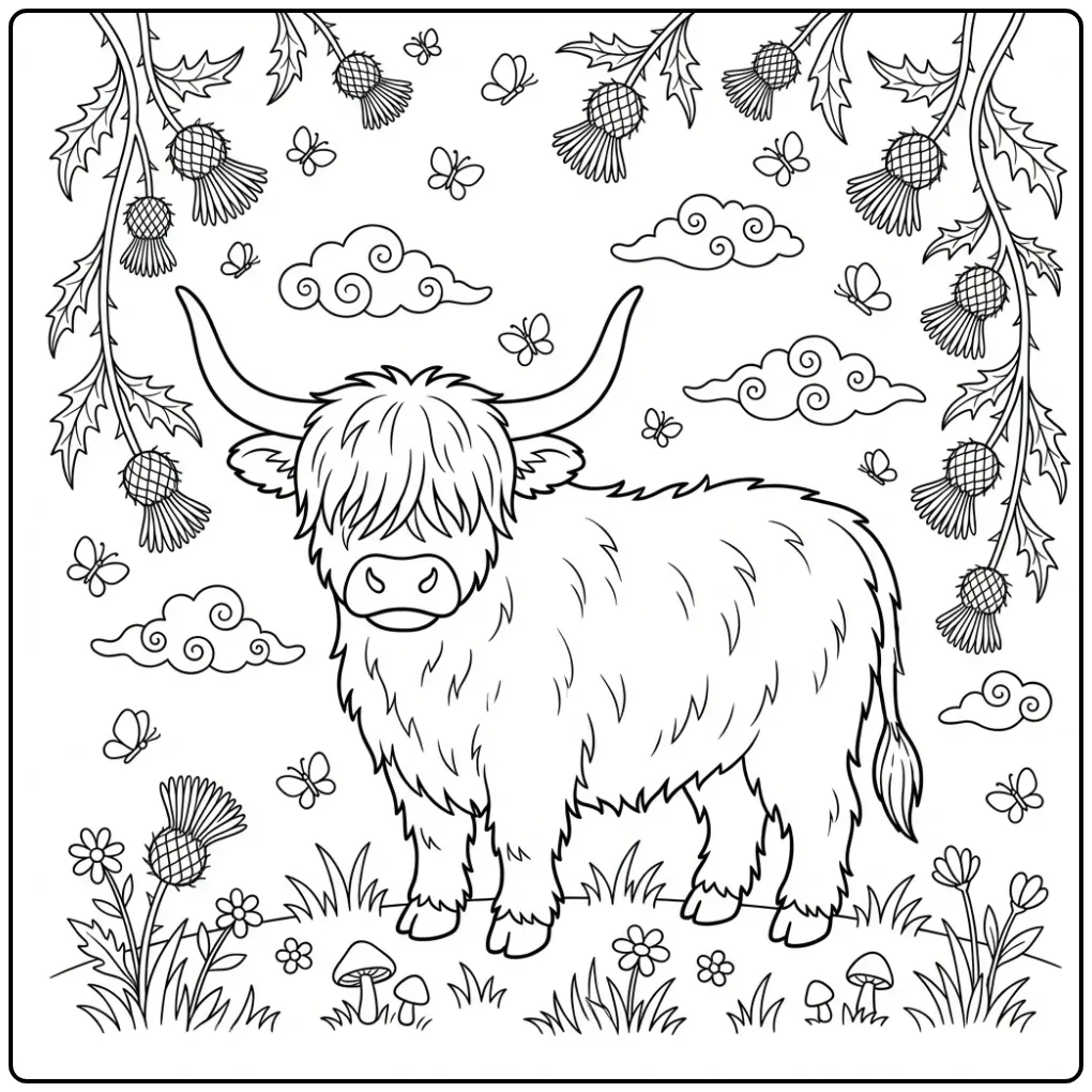 Fun Scottish Highland Cow coloring page