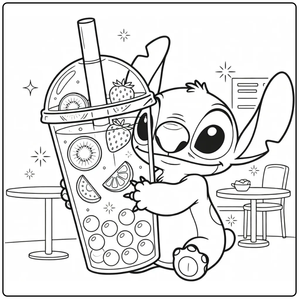 Fun Stitch Bubble Tea Fruit and Boba coloring page