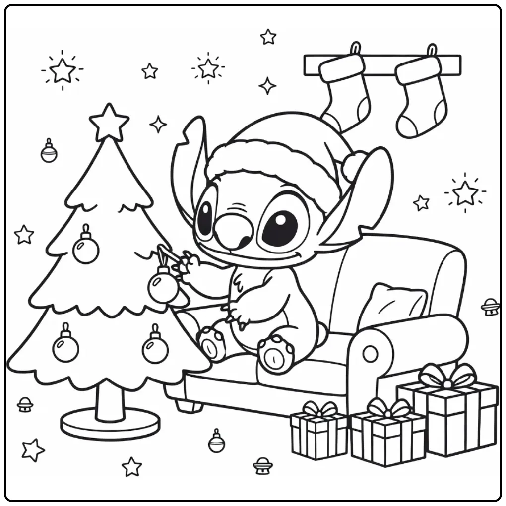 Fun Stitch Christmas Gifts and Stars coloring page