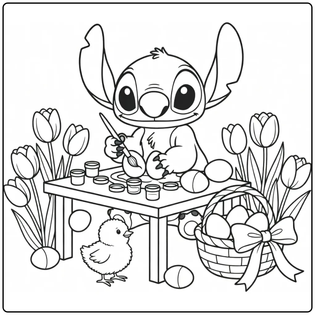 Fun Stitch Easter with Paint and a Chick coloring page
