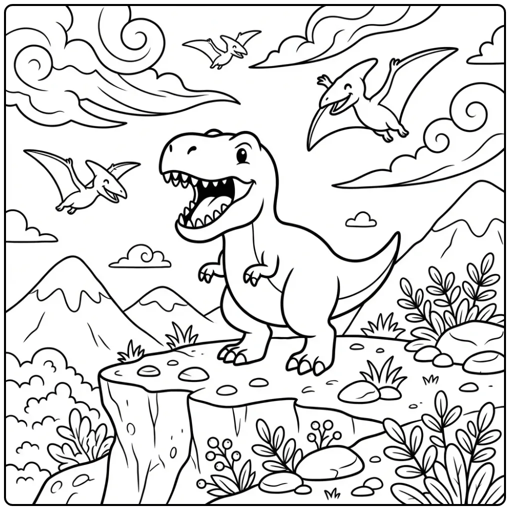 Bold T. Rex coloring page roaring on a rocky mountain