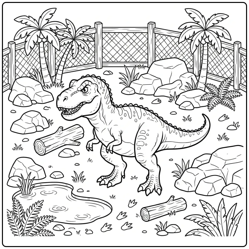 Cute T. Rex coloring page in a zoo with a pond