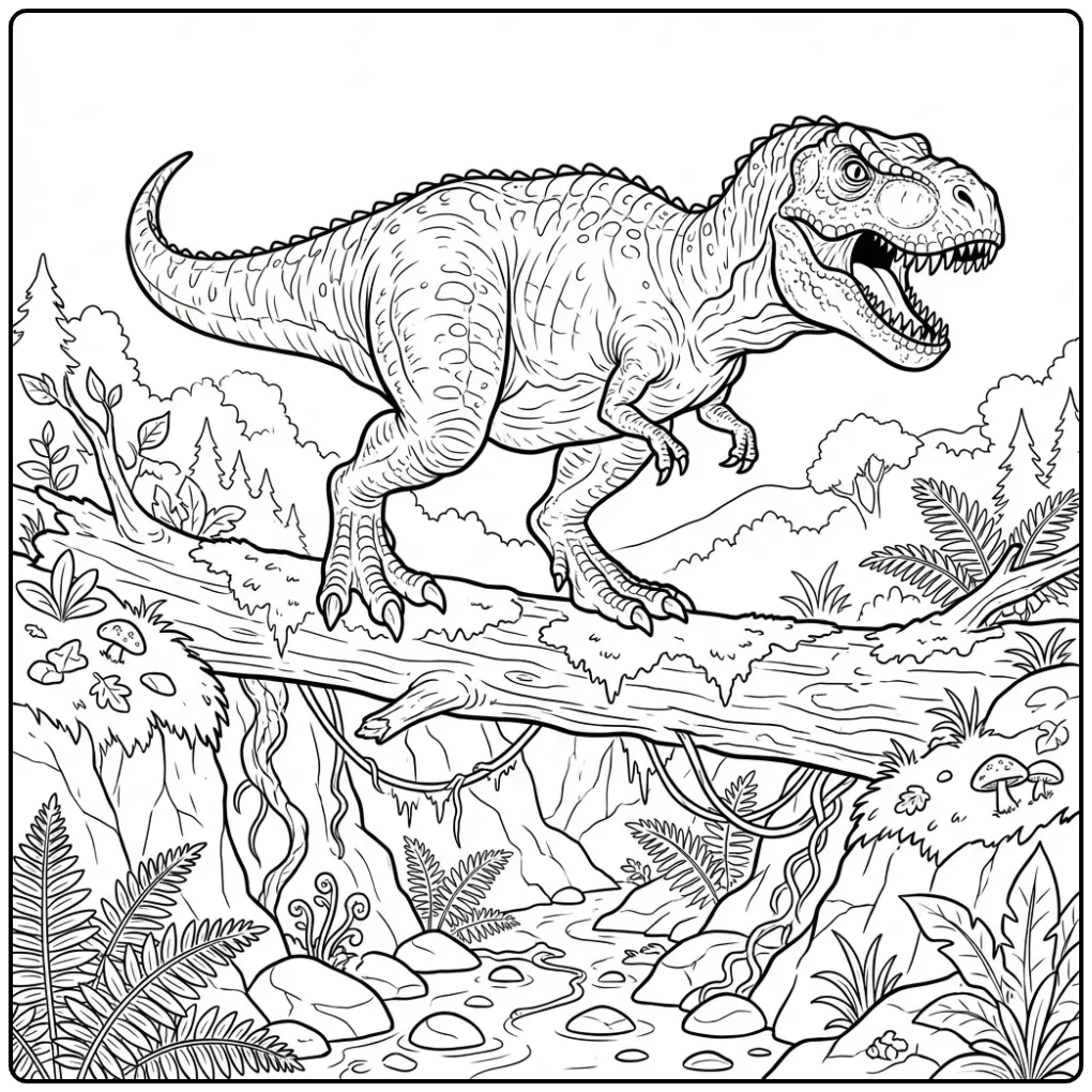 Adventurous T. Rex coloring page on a fallen log