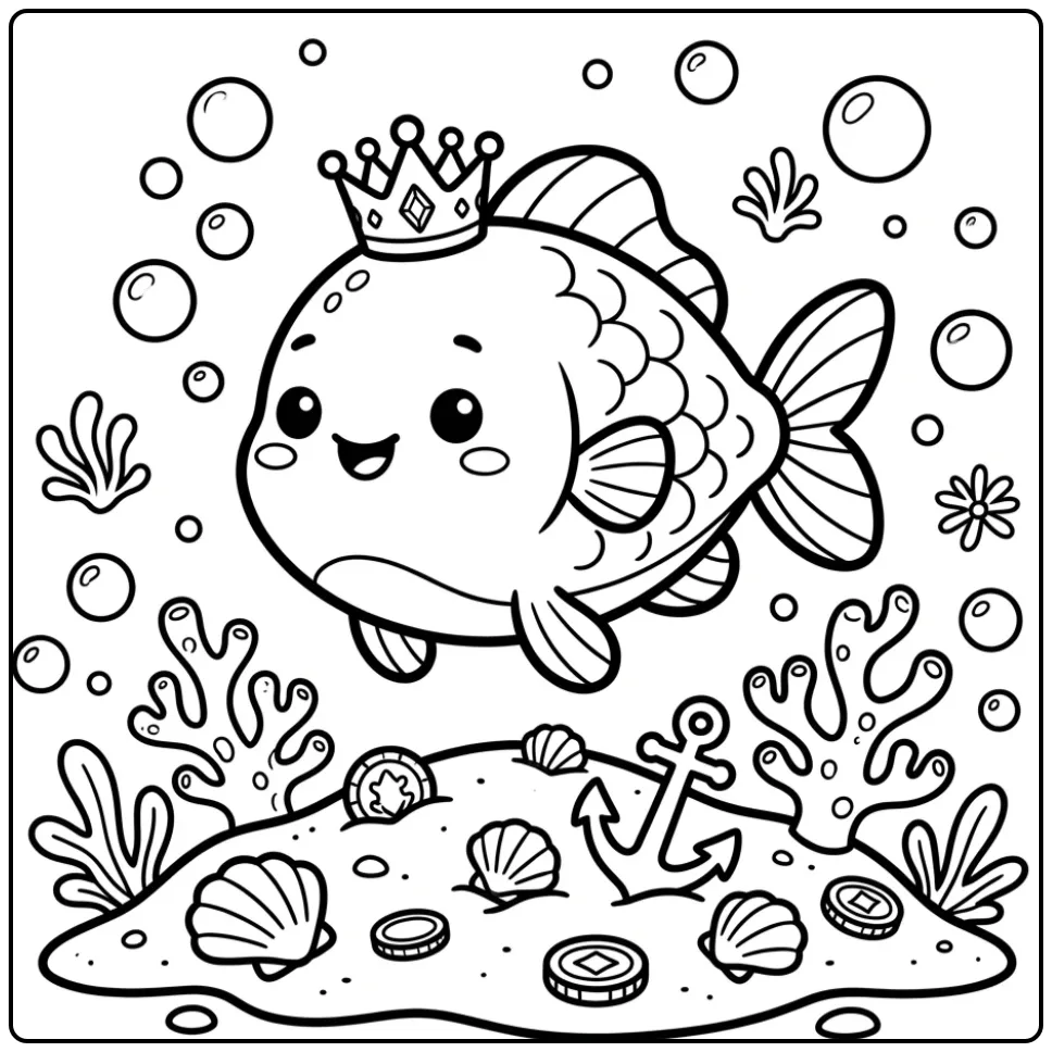 Fun Fish Simple with Crown and Anchor coloring page