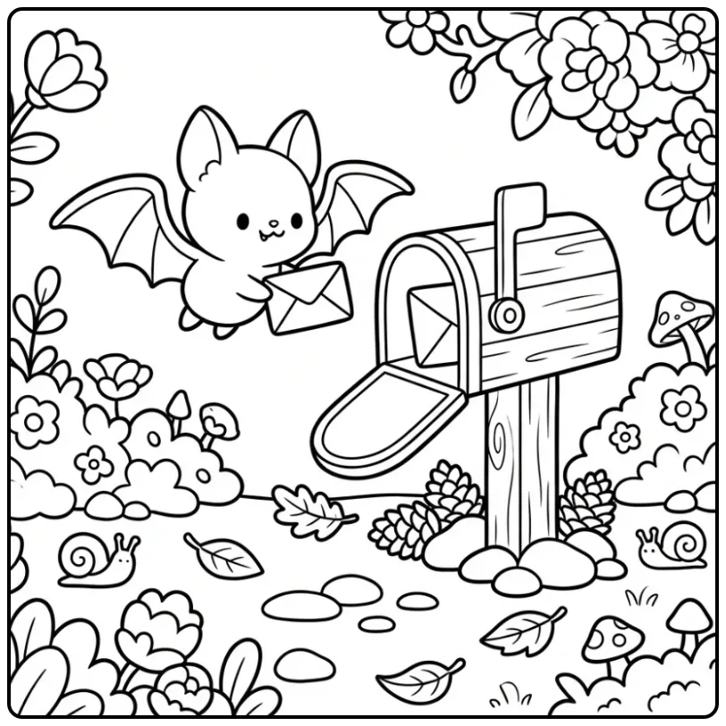 Fun Bat Mailbox and Pine Cones coloring page