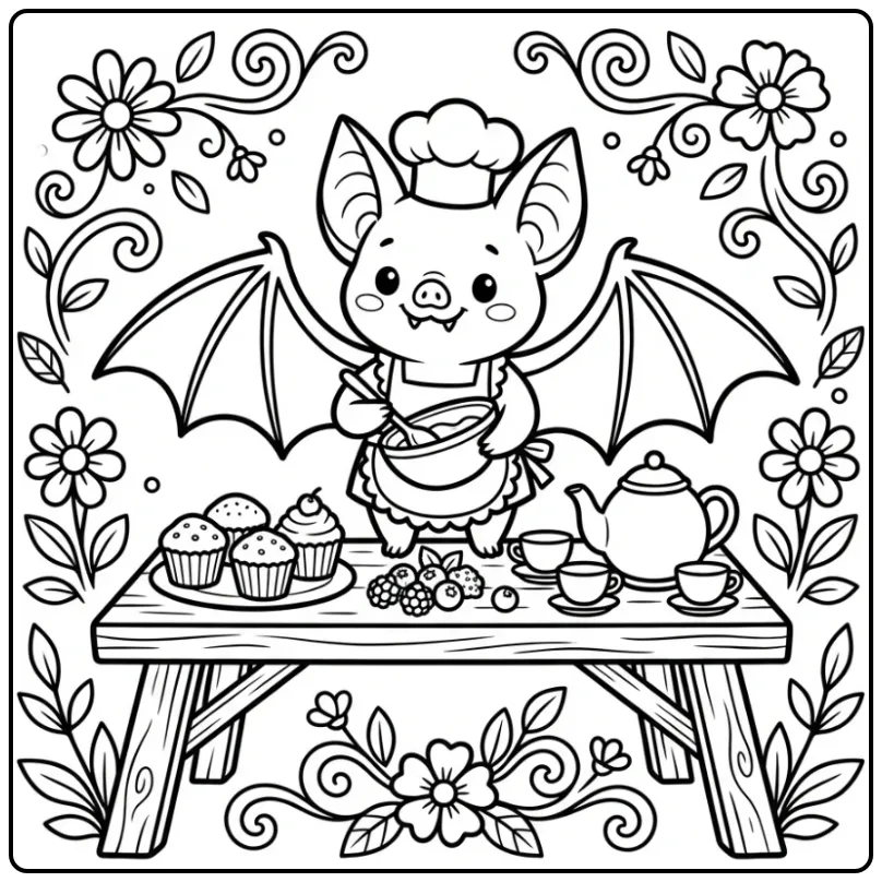Fun Bat Chef's Hat and Teapot coloring page