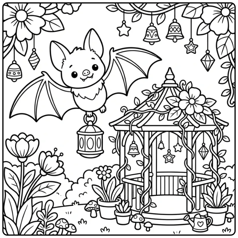 Fun Bat with a Lantern and Garden Shed coloring page
