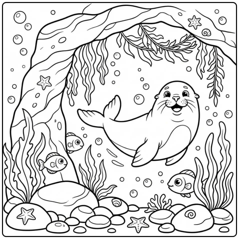 Sea lion coloring page showing a sea lion near a cave
