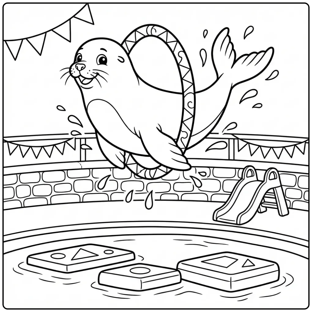 Sea lion coloring page featuring a sea lion jumping through a hoop