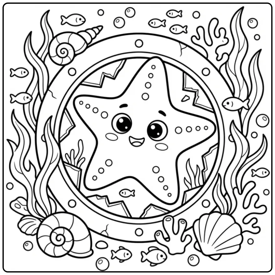 Funny starfish coloring page with fish and seaweed