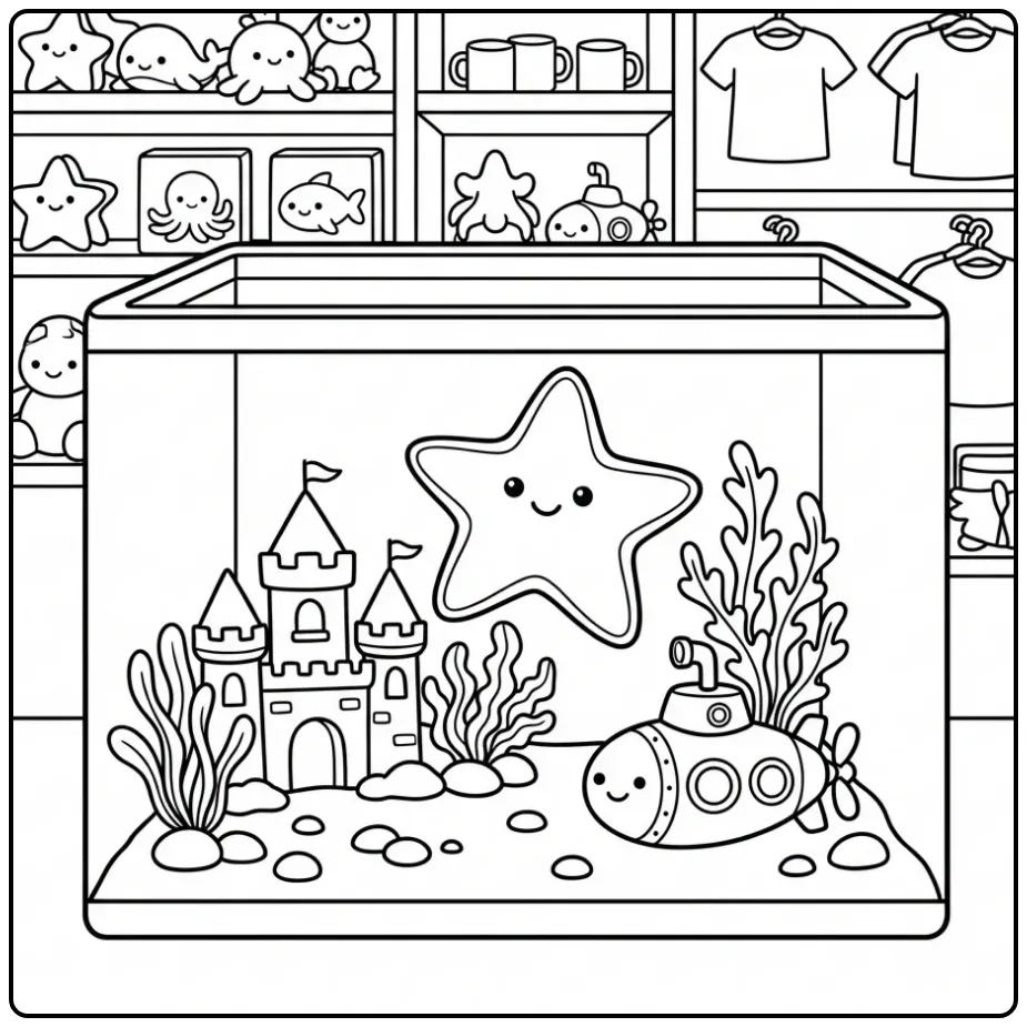 Starfish coloring page with a submarine and water plants