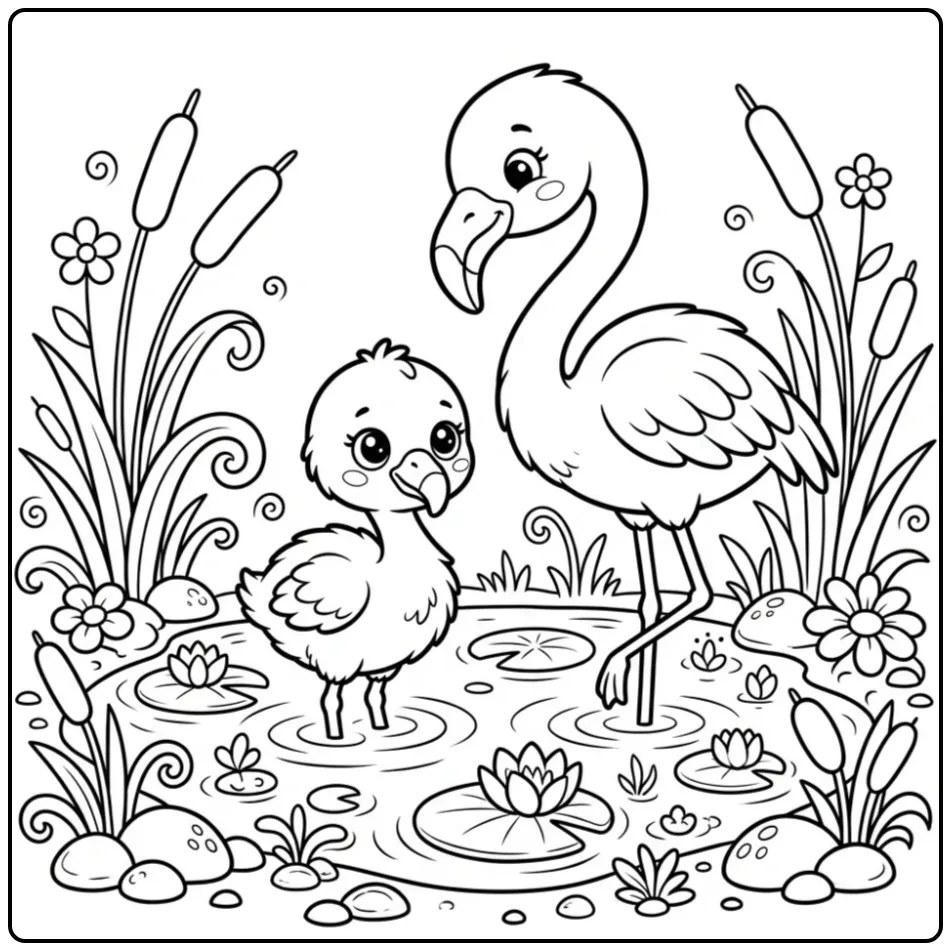 Sweet Baby Flamingo Reeds and Flowers coloring page