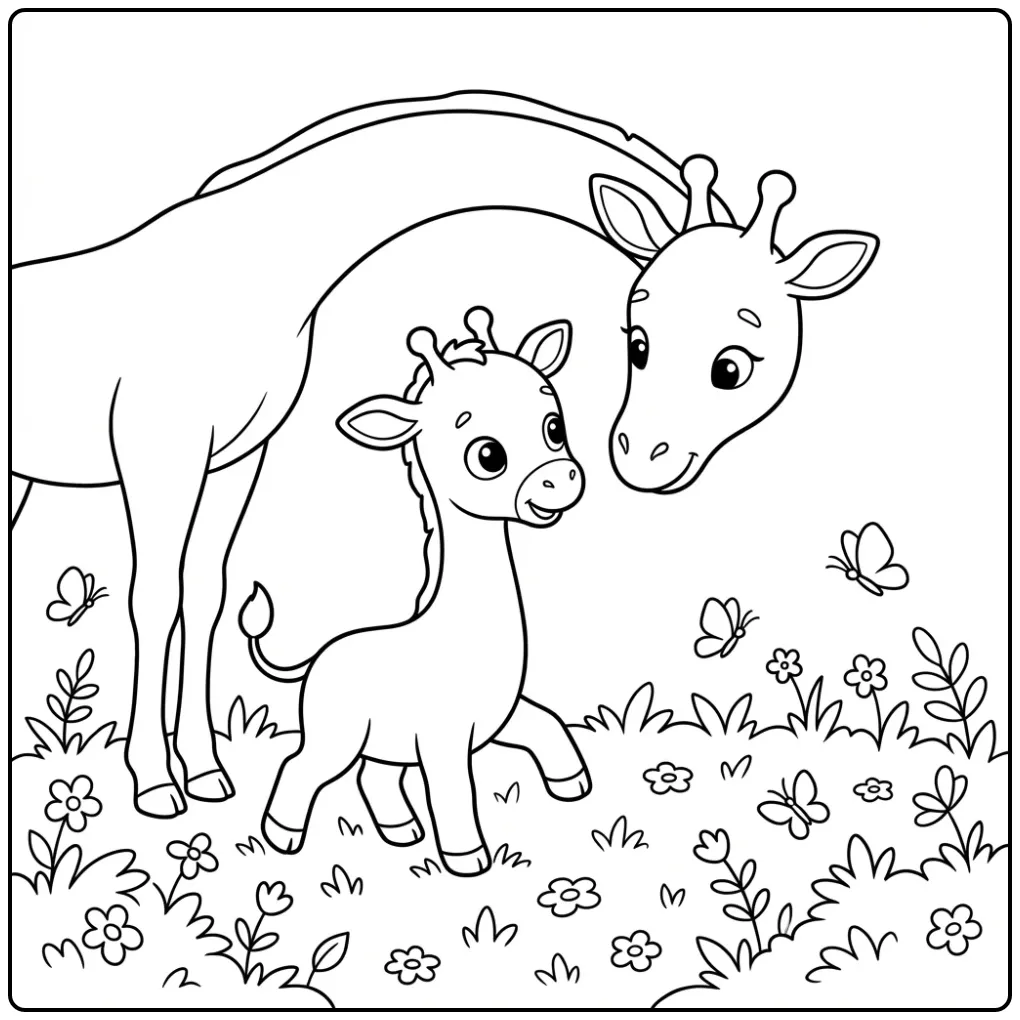 Sweet Baby Giraffe with Mother and Butterflies coloring page