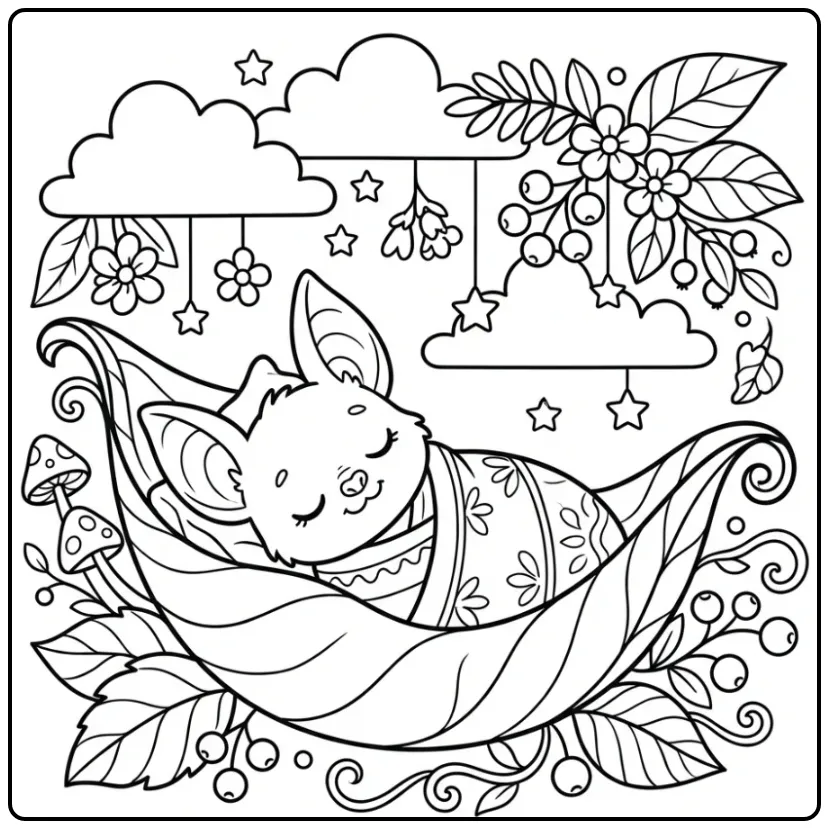 Sweet Cute Baby Bat in a Cradle coloring page