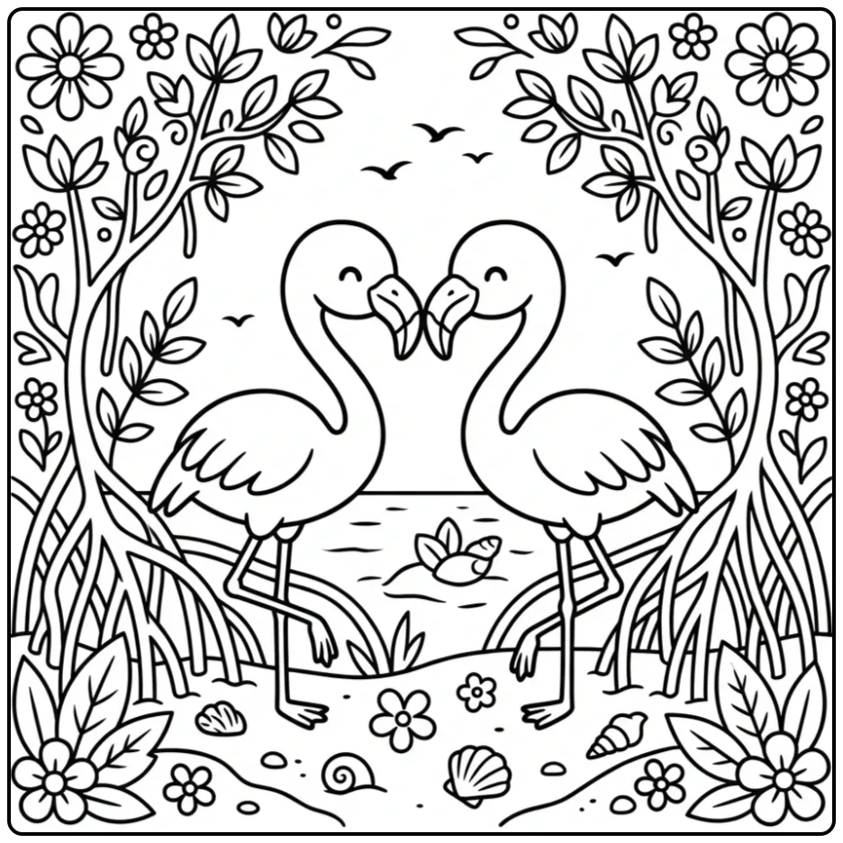 Cute flamingo coloring page with two birds in a mangrove