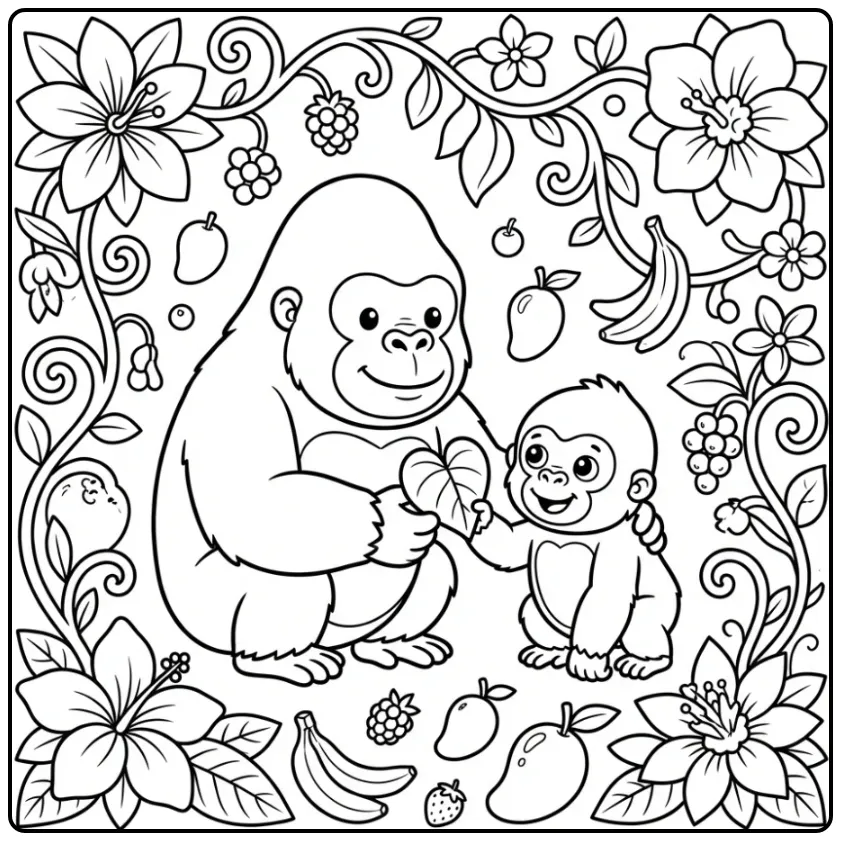 Sweet Gorilla with a Heart-shaped Leaf and Baby coloring page